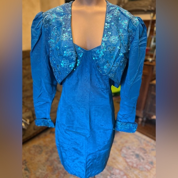Vintage Scott McClintock Teal Floral Sequin Sweetheart Prom Dress with Bolero - Picture 2 of 14